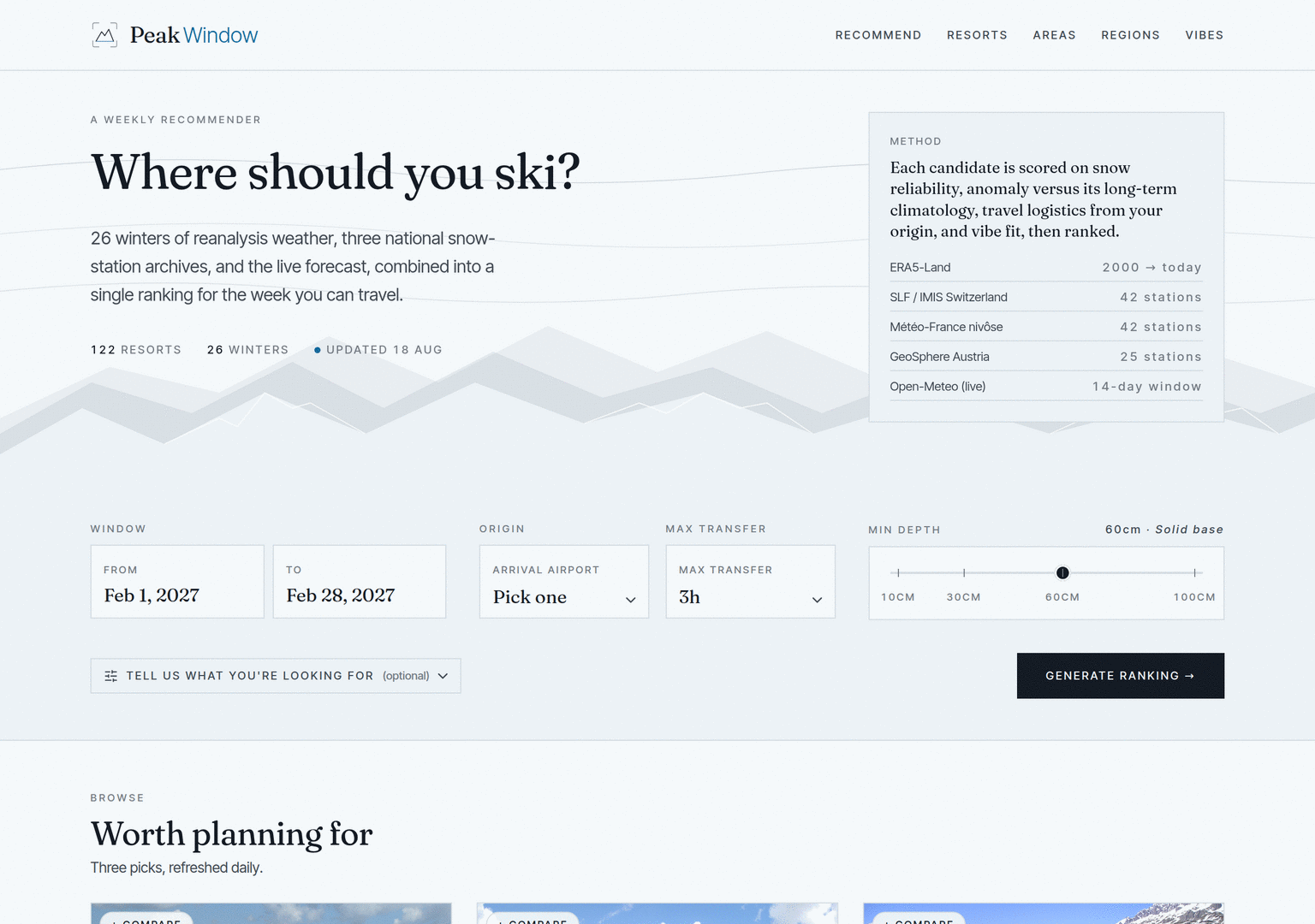 The peakwindow.io homepage: pick your dates, arrival airport and minimum snow depth, and get a ranking